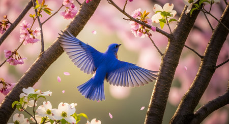 A vibrant bluebird flying amidst blooming pink cherry blossom branches in spring. The image captures the beauty of nature and the dynamic motion of the bird in flight.の素材