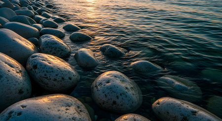 Smooth round white stones cover the shoreline as gentle waves wash over them during a warm golden sunset. The low angle shot captures the wet texture of the rocks and the serene reflection of the light on the water.の素材