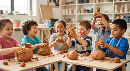 A group of happy, diverse children plays with clay in a pottery or art class. They are laughing and molding the brown clay into shapes, with messy hands and faces, enjoying a creative and educational activity.の素材
