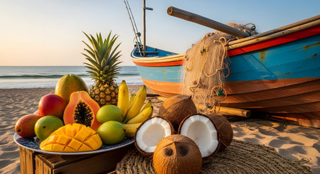A vibrant assortment of tropical fruits including papaya, mango, pineapple, and bananas arranged on a plate, alongside halved coconuts on a sandy beach. A traditional colorful fishing boat rests on the shore in the background under a clear sky.の素材