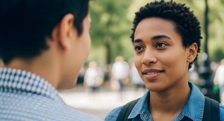 A young woman with short curly hair smiles warmly while listening to a conversation with a friend in an outdoor park setting. The image focuses on positive human connection, friendship, and communication in a casual urban environment.の素材