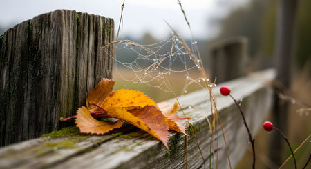 Close up of a weathered wooden fence with colorful autumn leaves and a spiderweb covered in morning dew. The rustic scene captures the essence of the fall season and rural countryside.の素材