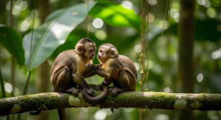 Two brown capuchin monkeys sit on a mossy branch in a tropical forest, engaging in social interaction. The cute primates are surrounded by blurred green foliage, highlighting the wild jungle environment.の素材