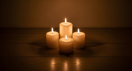 Four white pillar candles are lit, casting a warm glow on a wooden surface against a dark background. The scene evokes a sense of peace, relaxation, spirituality, and tranquil ambiance.の素材