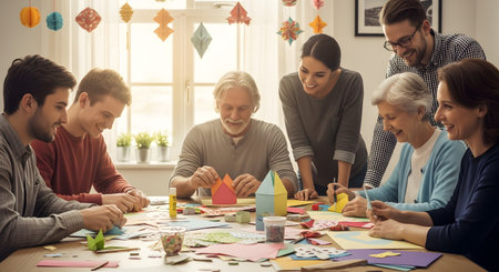 A multigenerational group of adults and seniors gathers around a table to make colorful paper crafts and origami. They are smiling and engaged in the creative activity, fostering social connection and learning.の素材