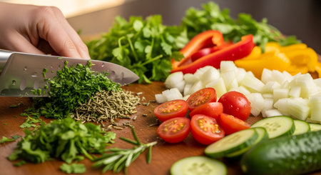 Close-up of hands using a chef's knife to finely chop fresh green herbs on a wooden cutting board. Surrounding the herbs are piles of diced tomatoes, onions, peppers, and cucumbers, illustrating meal preparation.の素材