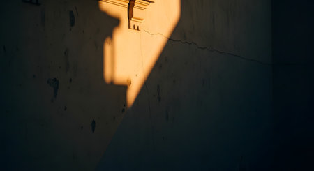 A minimalist composition of a geometric shadow cast on a textured wall during the golden hour. The interplay of light and dark creates a dramatic and abstract architectural detail.の素材