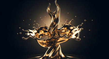 A dynamic splash of liquid gold spirals upward against a dark background. The glossy, metallic texture and fluid motion create a luxurious and artistic 3D composition.の素材