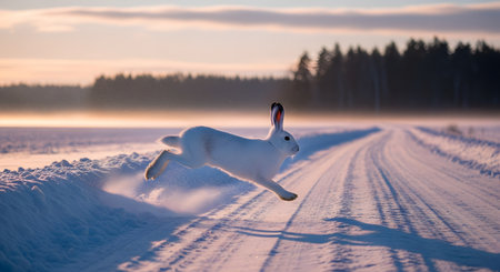 A white snowshoe hare running across a snowy road during a winter sunset. The dynamic action shot captures the rabbit mid-leap with snow kicking up, set against a blurred forest background.の素材