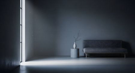 A minimalist living room interior featuring a grey sofa and a simple vase on a side table. Dramatic light streams through a tall window casting shadows on the concrete floor and creating a moody atmosphere.の素材
