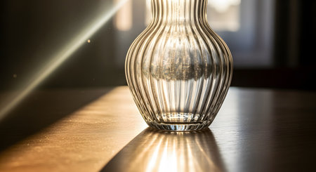 A clear, ribbed glass vase sits on a wooden table, illuminated by a strong beam of sunlight. The light passes through the textured glass, creating intricate shadow patterns and bright caustic reflections on the surface.の素材