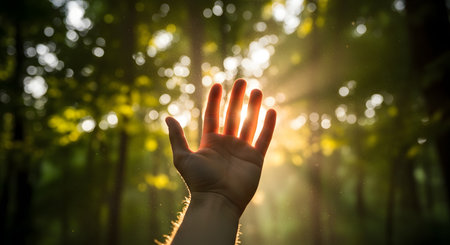 A silhouette of a human hand reaches up towards the bright sunlight filtering through the canopy of a dense forest. Rays of light pierce through the leaves, creating a spiritual, hopeful, and energetic atmosphere connected to nature.の素材