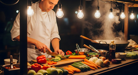 A professional chef slicing fresh vegetables at a dimly lit food stall with hanging light bulbs and rising steam. The scene depicts the busy and authentic atmosphere of a night market or open kitchen.の素材