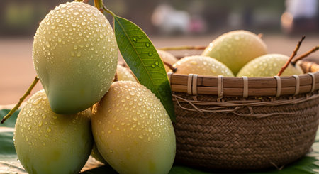 A close-up of fresh, ripe mangoes covered in water droplets, some inside a woven basket and some on a green leaf. The golden-yellow skin and fresh appearance evoke a sense of tropical harvest and organic quality.の素材