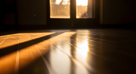 Golden sunlight streams through a window, casting long geometric shadows on a polished wooden floor. Dust motes dance in the warm beams of light, creating a peaceful, domestic atmosphere suggesting early morning or late afternoon.の素材