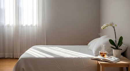 A cup of hot tea and an open book rest on a wooden nightstand in a serene white bedroom. Sunlight streams onto the bed and a white orchid, creating a cozy and relaxing morning atmosphere perfect for slow living concepts.の素材