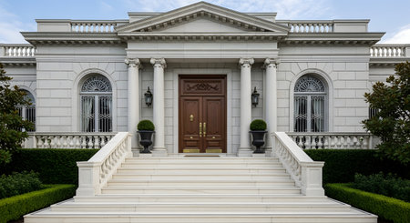 A magnificent white stone mansion features neoclassical architecture with grand columns, arched windows, and a large wooden entrance door. The imposing facade is flanked by manicured hedges and stone steps, symbolizing wealth and elegance.の素材