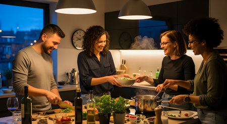 A diverse group of four friends laughs and chats while preparing a meal together in a modern, well-lit kitchen. They are chopping vegetables, stirring a pot, and holding bowls, enjoying a fun evening of social cooking and bonding.の素材