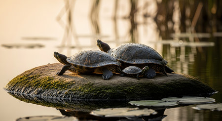 Three turtles of varying sizes resting on a mossy rock in the middle of a calm pond during the golden hour. The warm sunlight illuminates their shells as they bask in their natural aquatic habitat.の素材