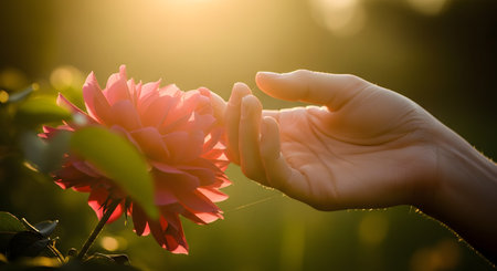A close-up of a hand gently touching the delicate pink petals of a flower, backlit by the warm golden sun. The image conveys a connection with nature, tenderness, and appreciation of beauty.の素材