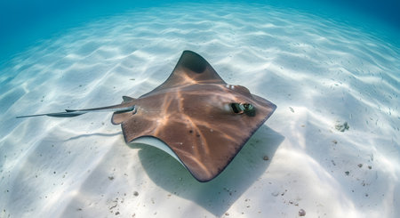 A stingray gliding effortlessly over white sand in crystal clear shallow blue water. The sunlight creates ripple patterns on the seabed and the ray's back.の素材