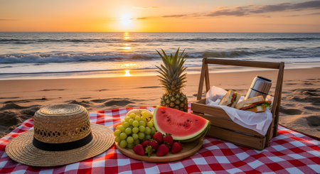 A perfect beach picnic setup at sunset, featuring a basket of sandwiches, fresh fruit, and a straw hat on a red checkered blanket. The golden sun setting over the ocean creates a romantic and relaxing vacation vibe.の素材