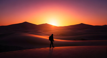 A silhouette of a lone traveler with a backpack walking along the ridge of sand dunes during a vibrant sunset. The vast desert landscape and colorful sky convey a sense of adventure, solitude, and exploration.の素材