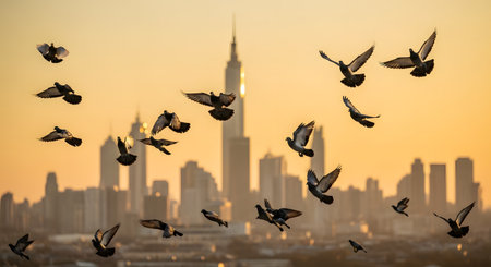 A flock of pigeons flying in formation against a blurred city skyline bathed in golden sunset light. The image captures the dynamic motion of the birds amidst an urban environment.の素材