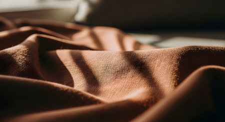 A close-up of brown textured fabric draped in soft folds, illuminated by streaks of sunlight. The interplay of light and shadow highlights the weave and quality of the textile, creating an abstract and elegant background.の素材