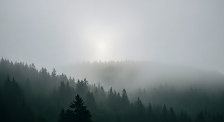 A moody and atmospheric view of a mountain forest shrouded in thick fog. The silhouettes of tall pine trees fade into the misty white background, creating a mysterious and tranquil monochromatic landscape.の素材