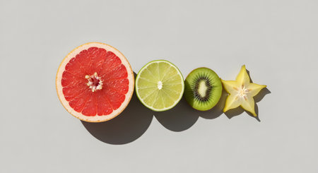 A flat lay arrangement of fresh fruit slices arranged in a row, including grapefruit, lime, kiwi, and starfruit. The minimalist composition on a grey background highlights the vibrant colors and textures of the healthy ingredients.の素材