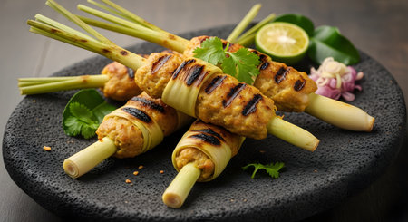 A plate of Sate Lilit, a traditional Balinese minced meat satay wrapped around lemongrass sticks. The grilled skewers are garnished with lime and chili, highlighting the rich flavors of Indonesian cuisine.の素材