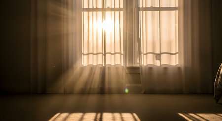 Bright morning sunlight streaming through sheer white curtains, casting long rays and shadows across the carpeted floor. The image captures a peaceful and airy interior atmosphere, evoking a sense of new beginnings.の素材