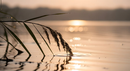 Silhouetted reeds bending gracefully over a calm lake surface at sunset. The golden light reflects off the water, creating a peaceful and serene natural landscape perfect for meditation or nature themes.の素材
