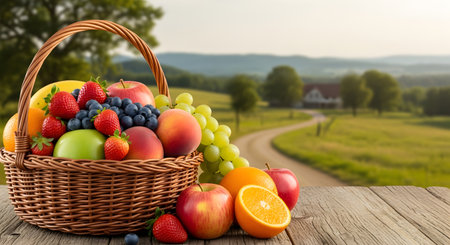 A wicker basket overflowing with an assortment of fresh fruits, including apples, grapes, berries, and oranges, placed on a wooden surface against a blurred countryside landscape. The image represents abundance and healthy rural living.の素材