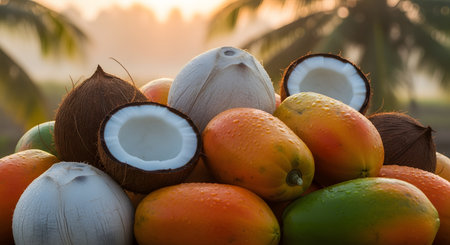 A pile of fresh tropical fruits including whole and halved coconuts and ripe papayas, set against a blurred background of palm trees at sunrise. The warm lighting emphasizes the freshness and exotic nature of the harvest.の素材