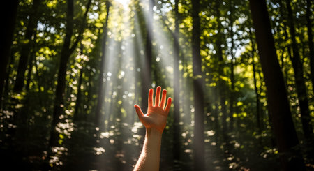 A hand reaching up towards a bright beam of sunlight filtering through the canopy of a dense forest. The image symbolizes hope, spirituality, and a deep connection with the natural world.の素材