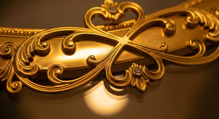 A macro shot capturing the intricate details of an ornate gold frame or molding. The soft, warm lighting highlights the curves and relief patterns of the metallic design.の素材