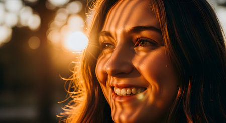 Portrait of a happy young woman smiling with sunlight creating a striped shadow pattern on her face. The golden hour light creates a warm and artistic mood highlighting natural beauty.の素材