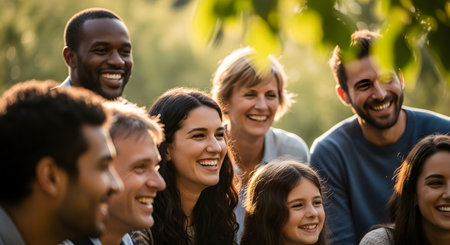 A diverse group of happy friends laughing and smiling together in a park during sunset. The backlit natural lighting emphasizes the genuine joy and connection between the individuals.の素材