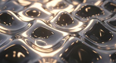 An abstract background of shiny, silver liquid metal with smooth, rippling waves and high-contrast reflections. The fluid, metallic texture creates a futuristic, modern, and sleek visual effect.の素材