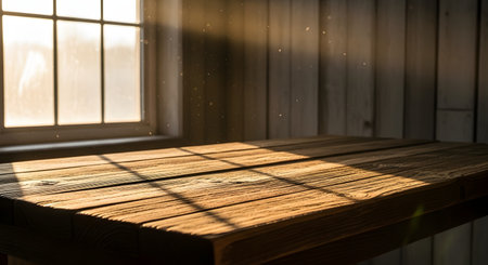 An empty wooden table surface is illuminated by shafts of sunlight streaming through a window. Dust particles dance in the beams of light, adding texture and atmosphere to the rustic setting. The image serves as a perfect background for product placement or conceptual designs.の素材