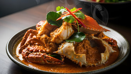 A mouth-watering dish of spicy chili crab is smothered in a rich, orange curry sauce and garnished with fresh coriander and red chili. Steam rises from the hot seafood, emphasizing its freshness and bold flavors.の素材