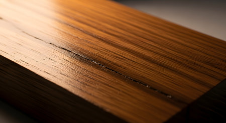 A close-up shot of a polished wooden surface, highlighting the rich grain pattern and warm brown tones. The glossy finish reflects light, emphasizing the natural texture and quality of the material.の素材