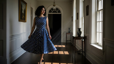 A woman wearing a retro blue and white polka dot dress walks elegantly through a sunlit hallway in a classic home. The scene evokes a 1950s style, with natural light casting long shadows on the wooden floor.の素材