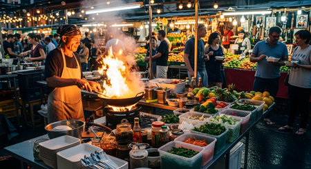 A chef cooks with high flames in a wok at a bustling night market. The stall is filled with fresh vegetables and ingredients, illuminated by warm string lights in a lively outdoor setting.の素材