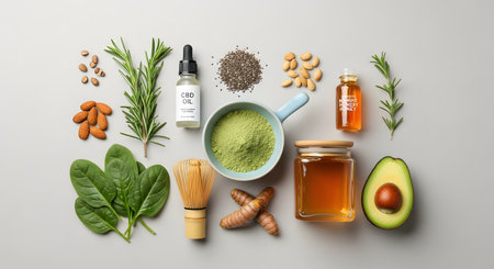A top-down flat lay composition of wellness products including CBD oil, matcha powder, avocado, almonds, and honey. The organized arrangement on a grey background highlights natural health, organic ingredients, and modern nutrition.の素材