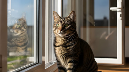 A beautiful brown tabby cat sits attentively by a glass door or window, bathed in warm afternoon sunlight. Its green eyes are wide and curious as it gazes out at the world.の素材