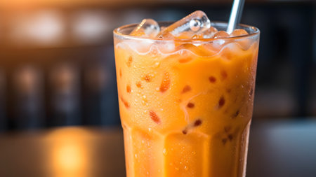 A close-up shot of refreshing iced Thai tea served in a tall glass with plenty of ice cubes. The vibrant orange drink features condensation droplets on the glass, highlighting its cold temperature.の素材