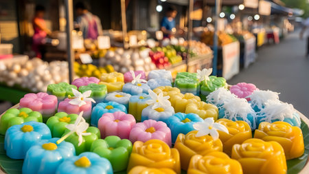 A vibrant display of colorful Thai desserts, possibly Khanom Chan, shaped like flowers and arranged on a tray. The sweet treats feature pastel colors like pink, blue, yellow, and green, often made from coconut milk and flour.の素材